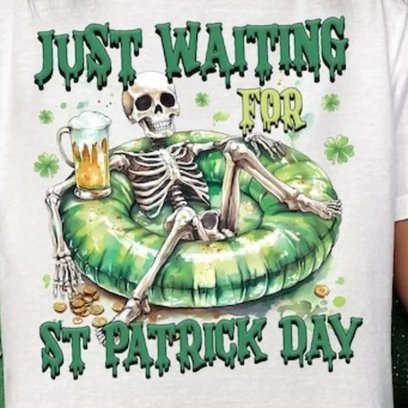 Just Waiting For St Patrick Day Tee, Skeleton Shirt, St. Patrick's T-Shirt - Picture 2 of 5